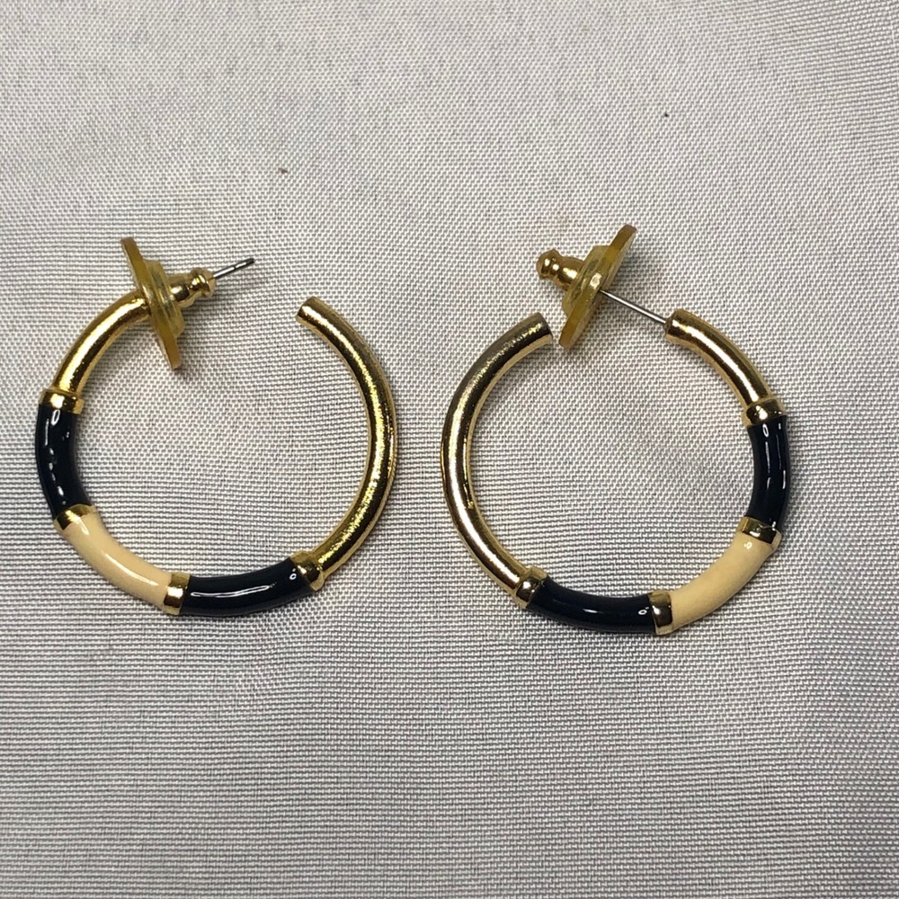 Gold Tone Color Block Enamel Hoop Earrings Black Cream C-Hoops Post Back